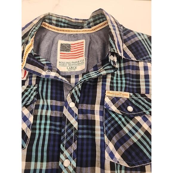 Rolling Paper Men’s Plaid Multicolor Short Sleeve Button Shirt Patches Size L - Picture 2 of 10